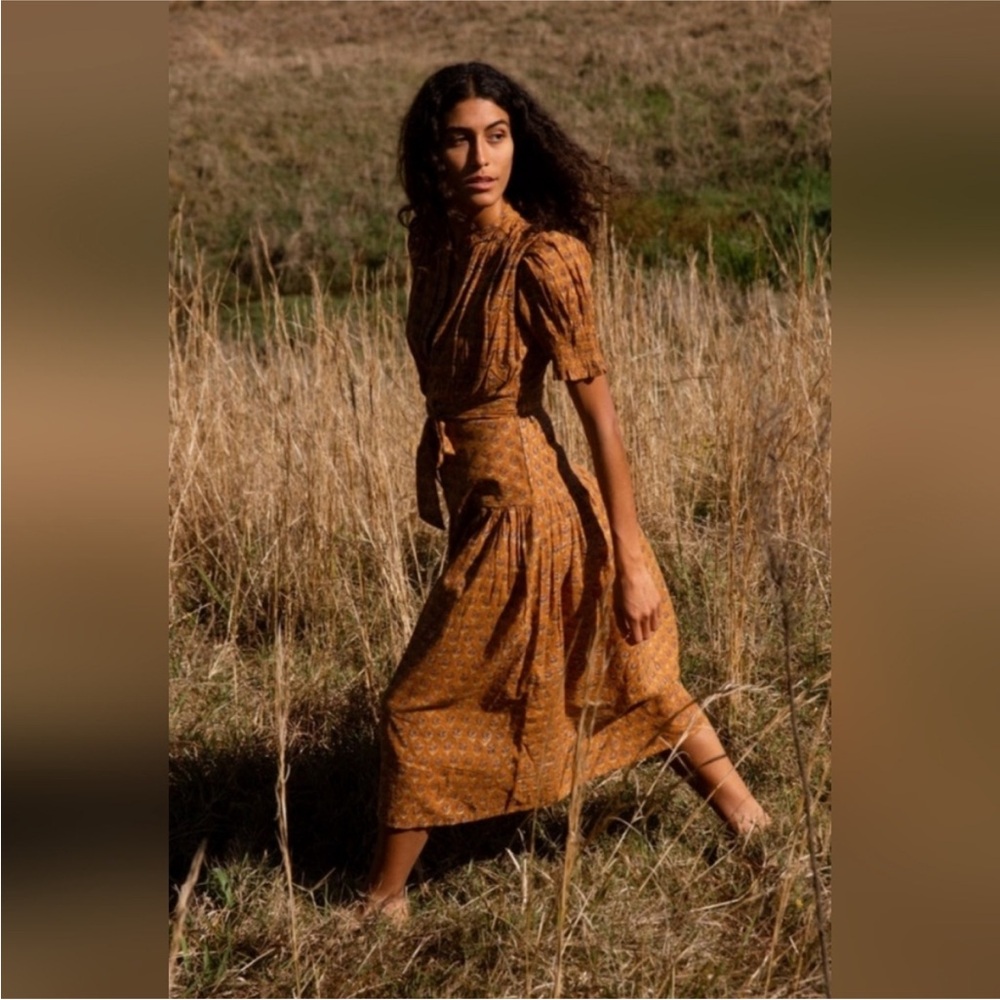 Daughters of India Brown Smocked Puff Sleeve Sundress